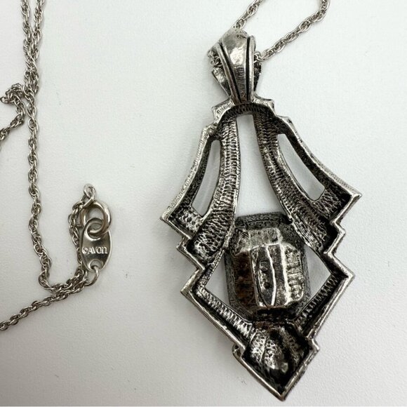 Vtg Avon 1994 Art Deco Necklace Faux Amethyst Marcasite Pendant in SilverTone - Picture 6 of 9